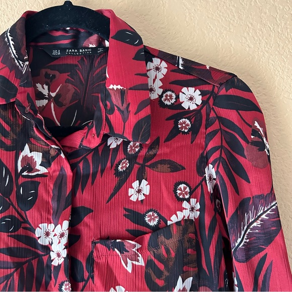 Zara Basic Collection Red Floral Button Down - Size Small - Picture 2 of 9